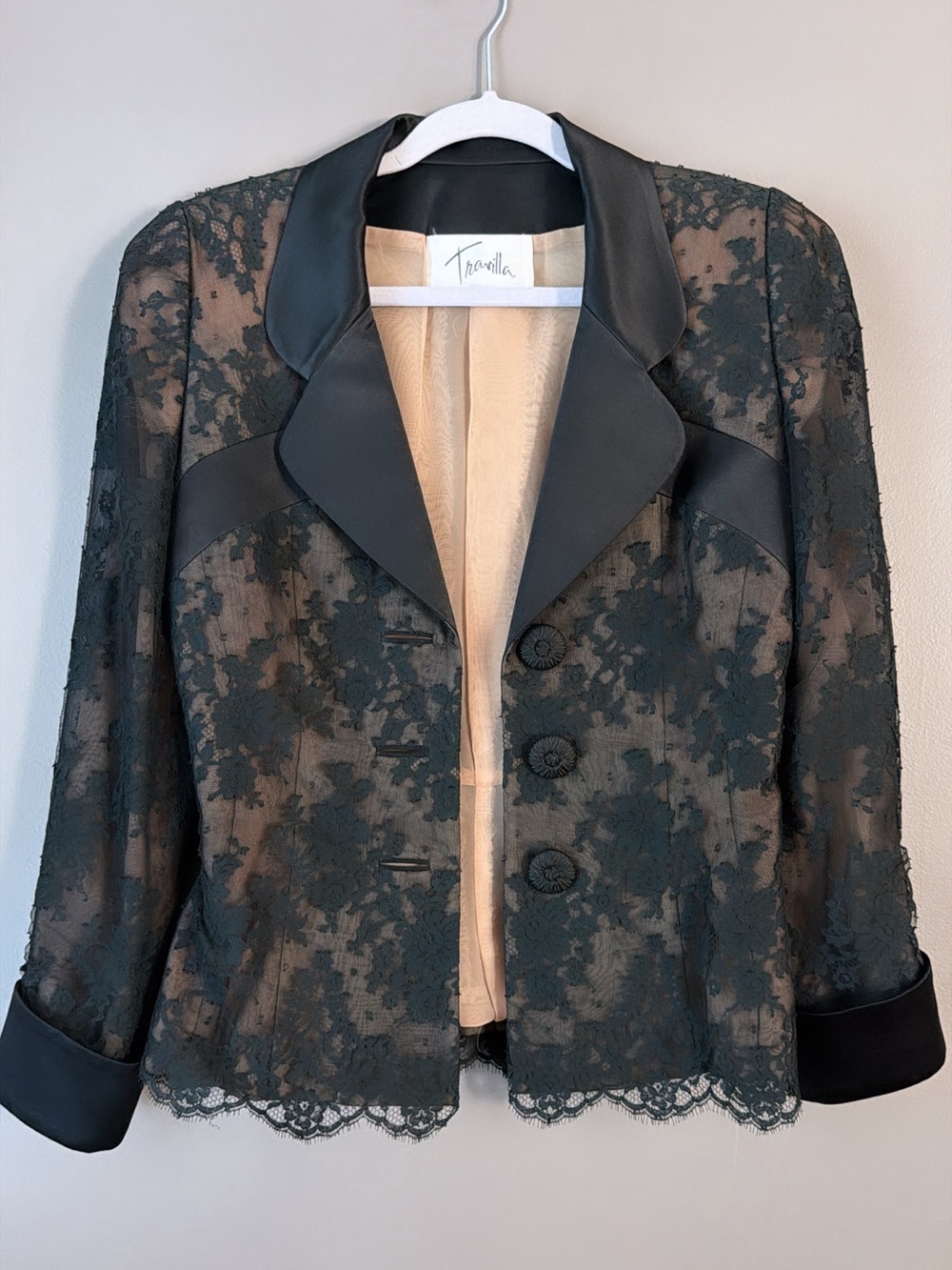 Vintage Travilla Black Lace Blazer with Satin Trim